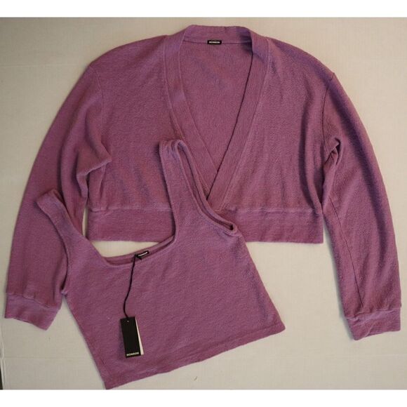 Monrow Women Sz S Purple French Terry Tank Top & L/S Cropped Shirt 2-Pc Set - Picture 2 of 9